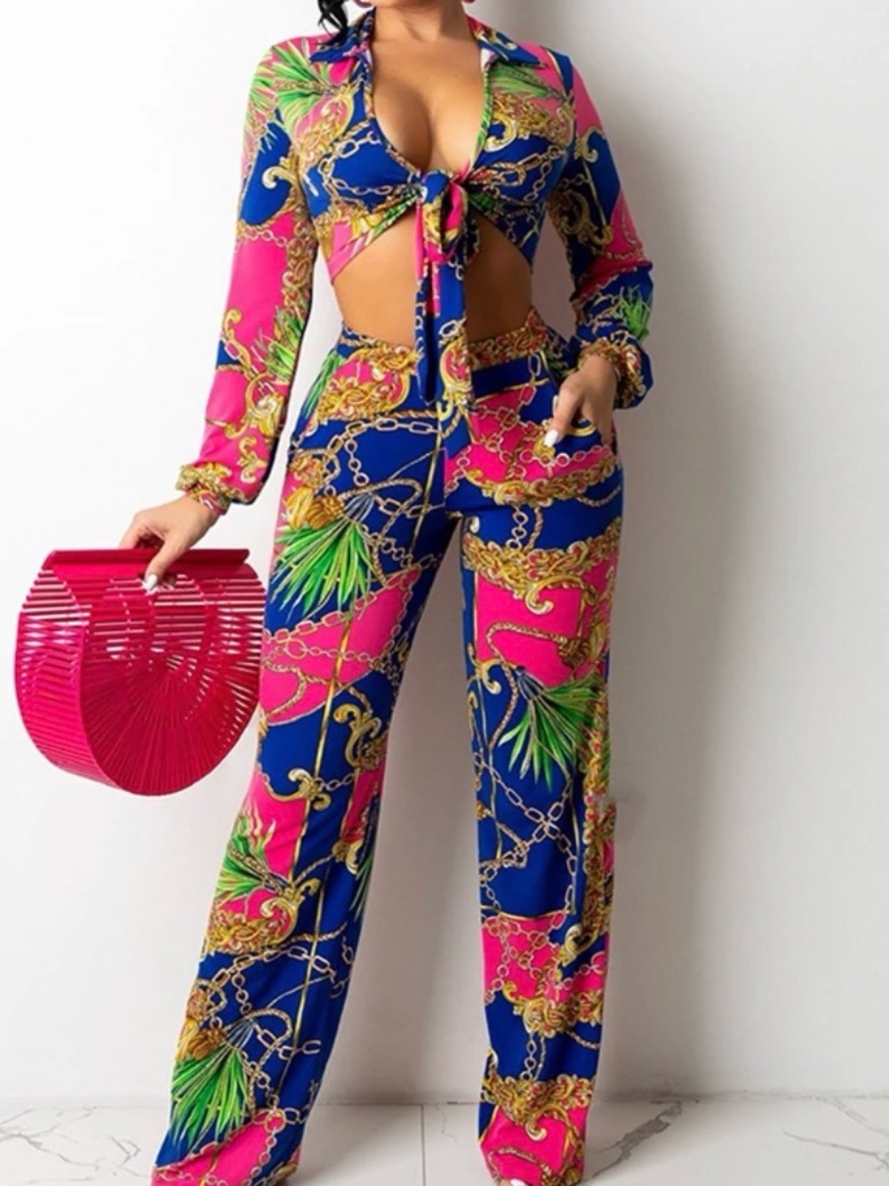 Fashion Nova Pink & Blue Chain Print Wide Leg Set